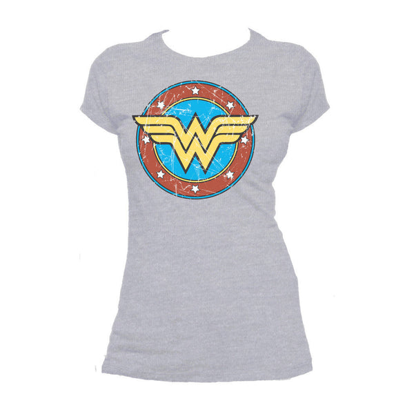 DC Comics Wonder Woman Logo Circle Distressed Official Women's T-shirt (Heather Grey) - Urban Species Ladies Short Sleeved T-Shirt
