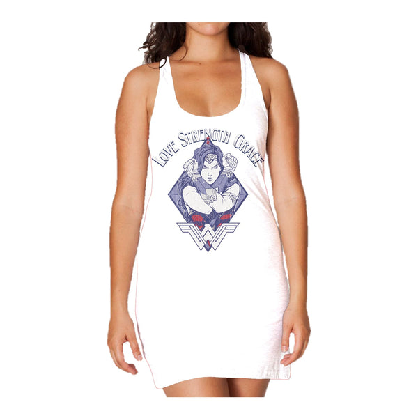 DC Wonder Woman Diamond Grace Official Women's Long Tank Dress (White) - Urban Species Ladies Long Tank Dress