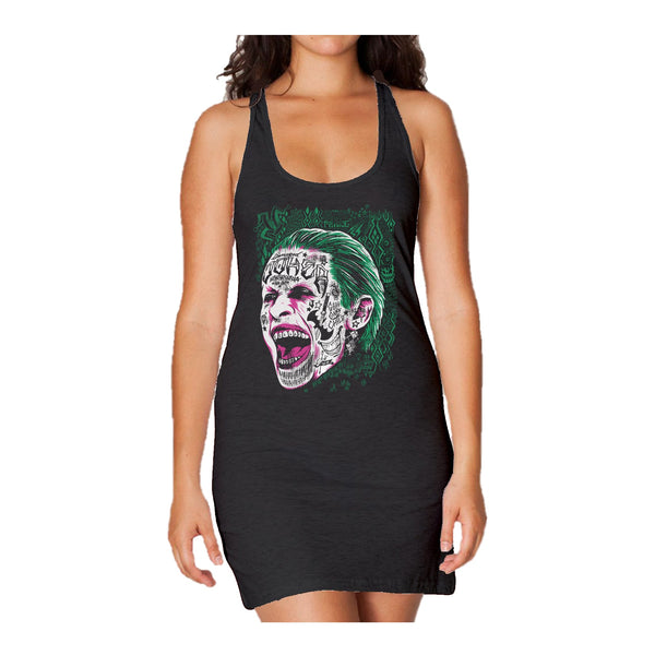 DC Suicide Squad Harley Joker Quinn Face Tattoo Official Women's Long Tank Dress (Black) - Urban Species Ladies Long Tank Dress