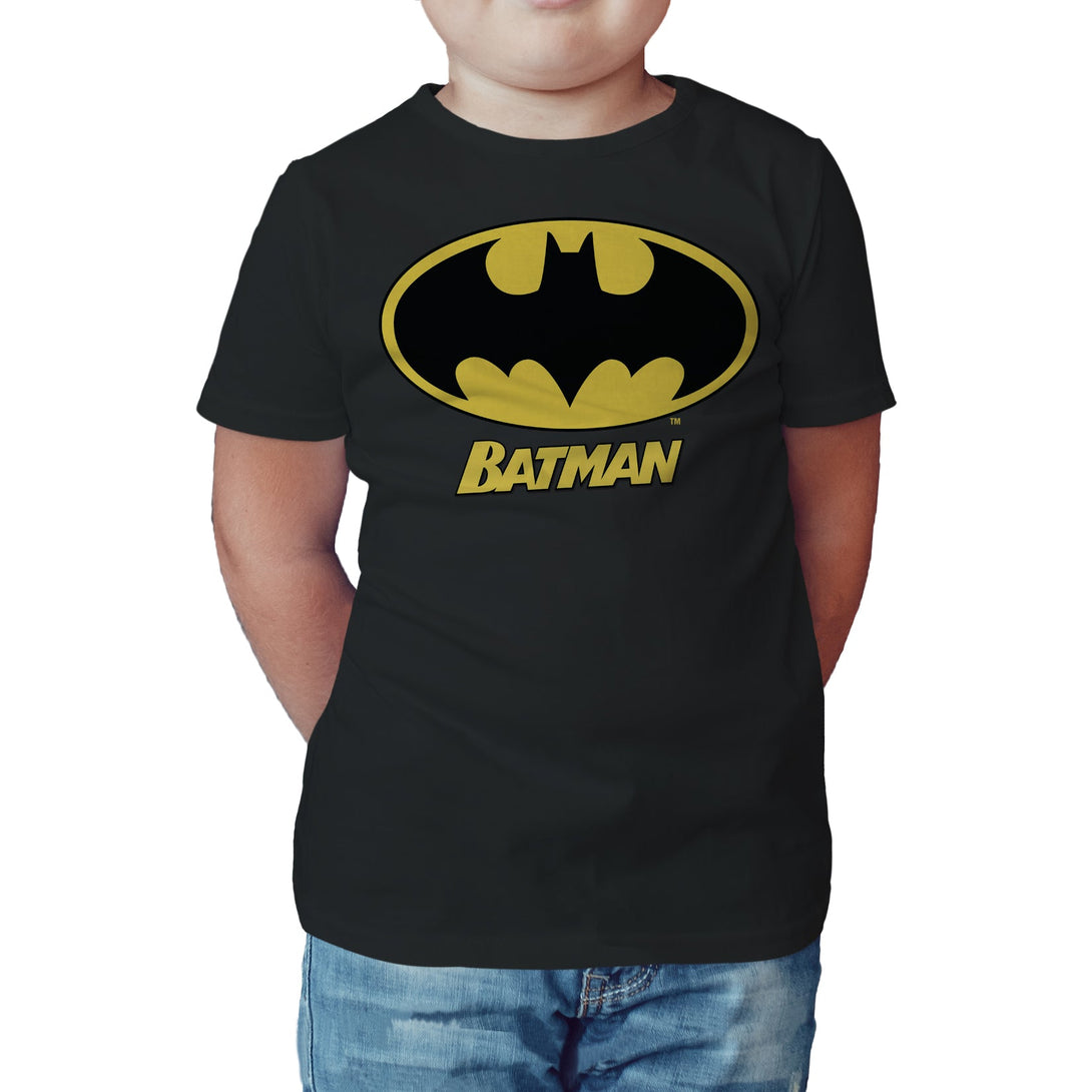 DC Comics Batman Logo Name Official Kid's T-Shirt Black - Urban Species