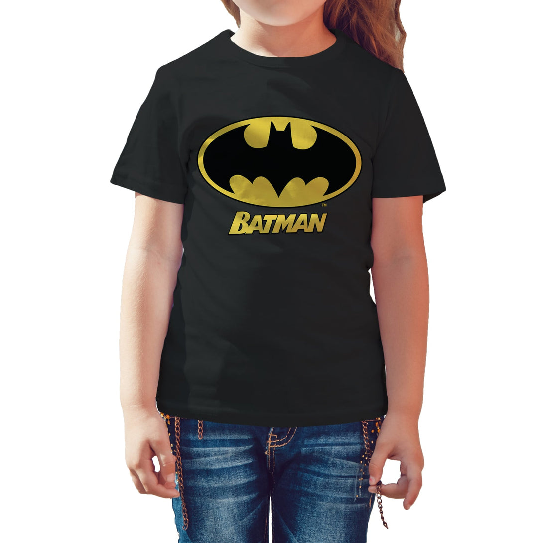 DC Comics Batman Logo Name Official Kid's T-Shirt Black - Urban Species