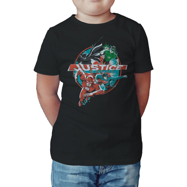 DC Comics Justice League Logo Group Action Official Kid's T-Shirt Black - Urban Species