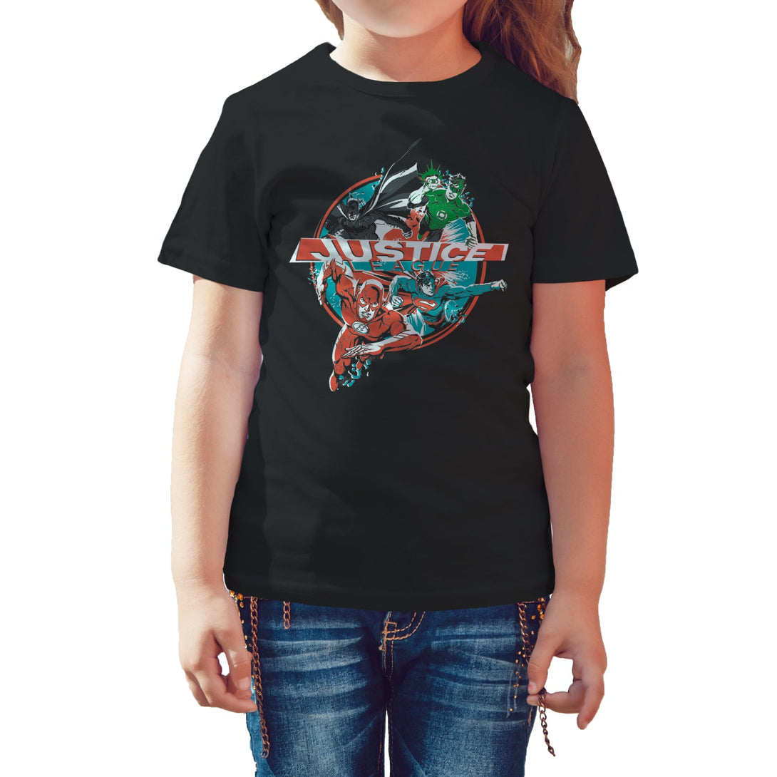 DC Comics Justice League Logo Group Action Official Kid's T-Shirt Black - Urban Species