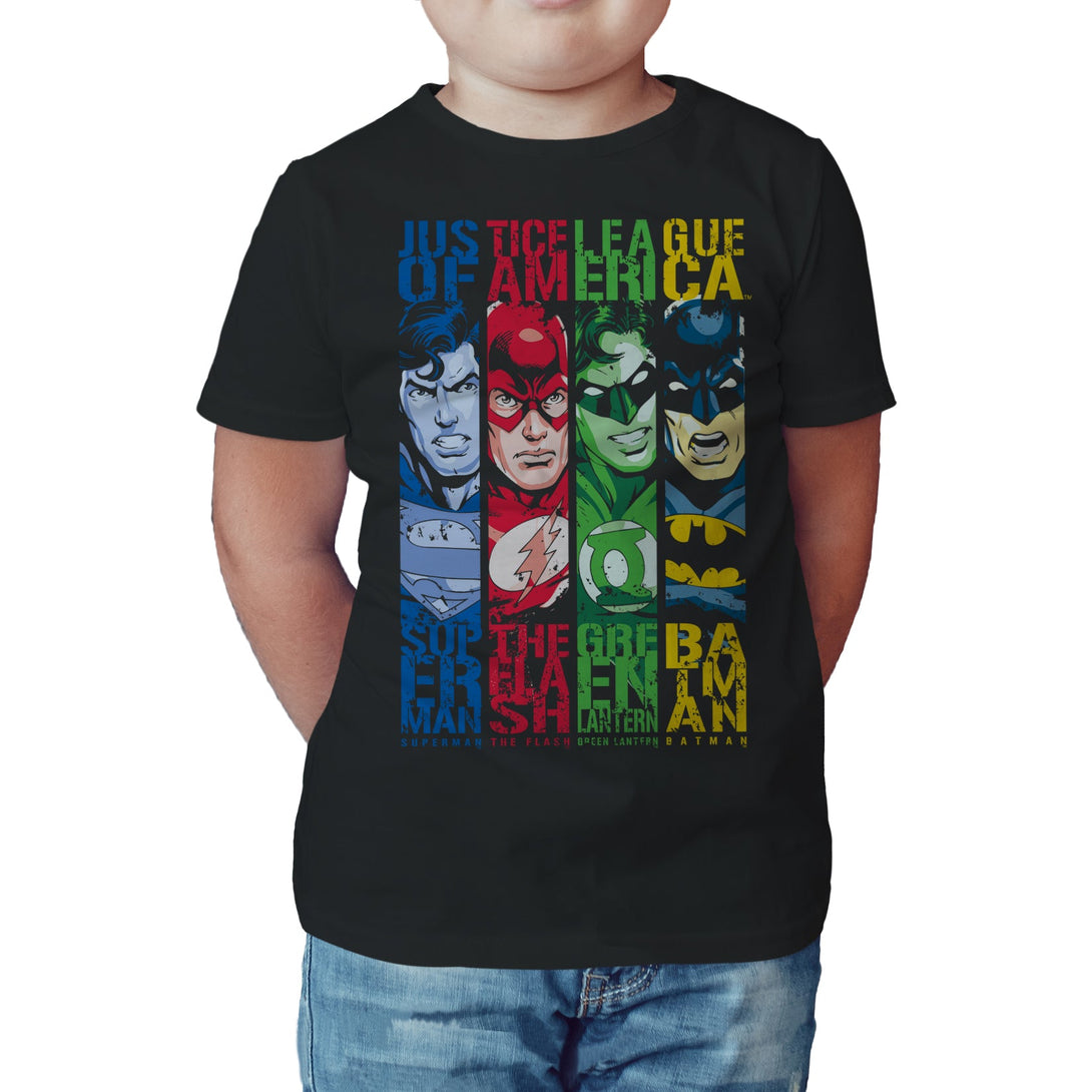 DC Comics Justice League Stripped Official Kid's T-Shirt Black - Urban Species