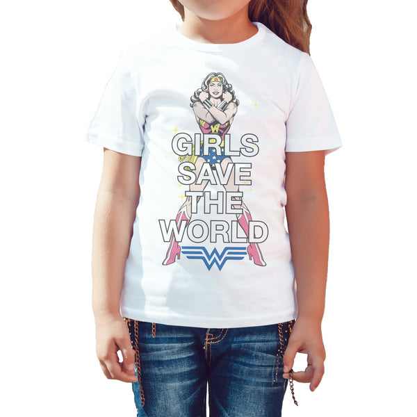 DC Comics Wonder Woman Girls Save World Official Kid's T-shirt (White) - Urban Species Kids Short Sleeved T-Shirt