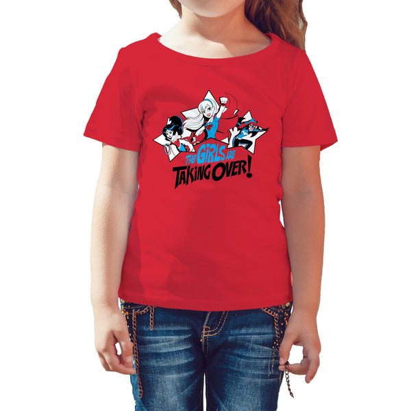 DC Comics Super Hero Girls Batgirl Wonder Woman Supergirl Take Over Official Kid's T-Shirt (Red) - Urban Species Kids Short Sleeved T-Shirt